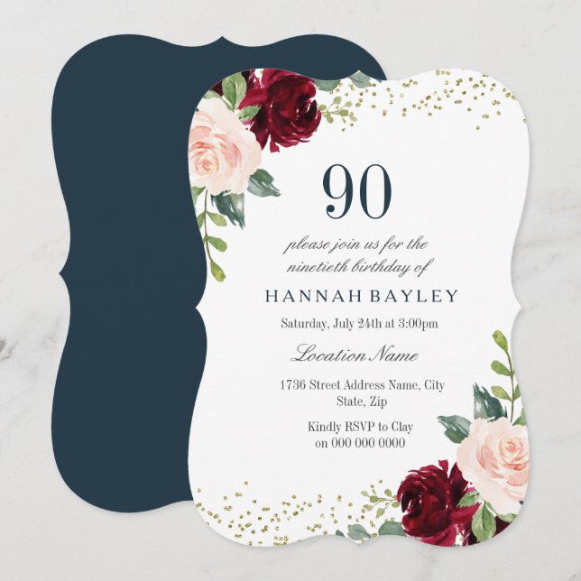 Burgundy Blush Glitter 90th Birthday Party Invite (Front/Back)