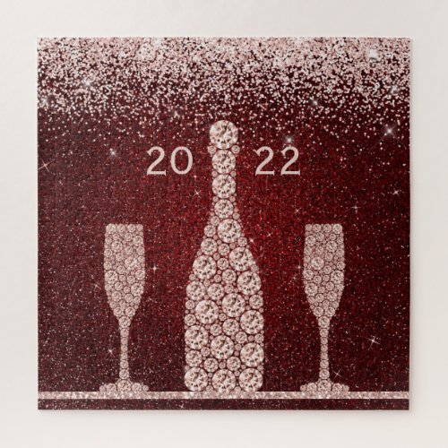 Burgundy Blush Glitter Champagne Toast 2022 Jigsaw Puzzle