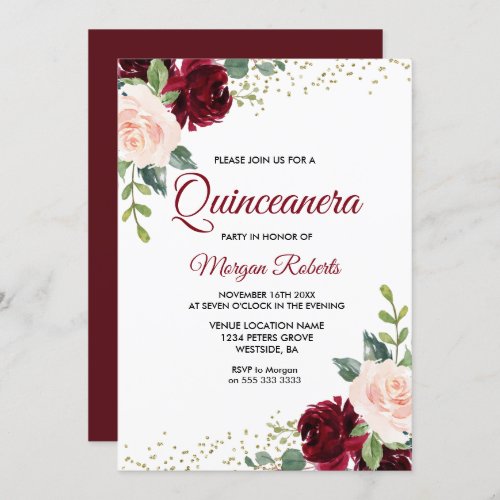 Burgundy Blush Glitter Floral Quinceanera Invitation