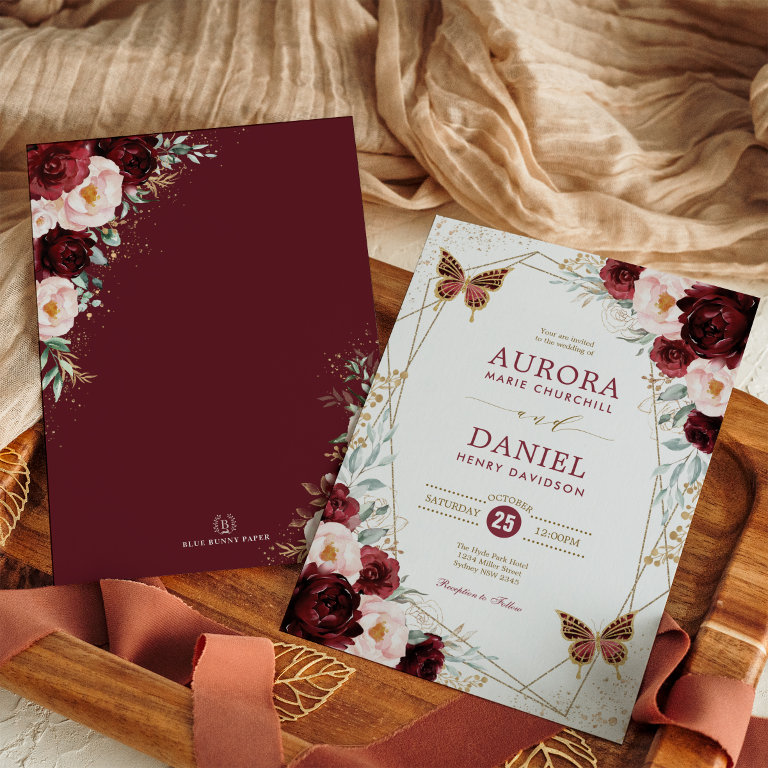 Burgundy Blush Gold Floral Butterfly Wedding Invitation