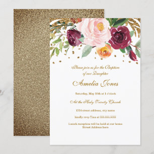 Burgundy Blush Gold Floral Glitter Baptism Invitation