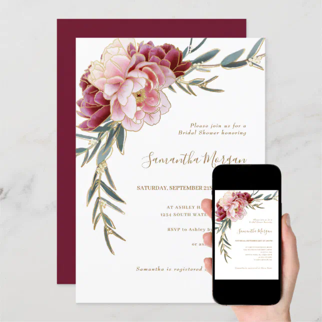 Burgundy Blush Gold Floral Greenery Bridal Shower Invitation | Zazzle