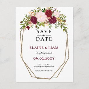 Burgundy Blush Gold Floral Monogram  save the date Announcement Postcard