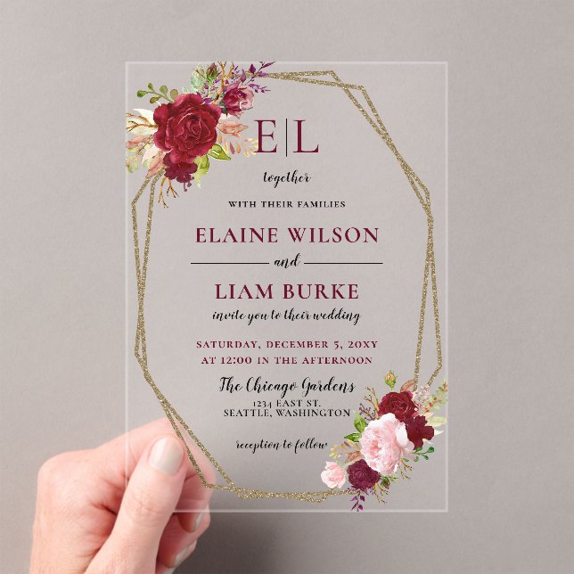 Burgundy Blush Gold Floral Monogram Wedding Acrylic Invitations (Insitu (Handheld))