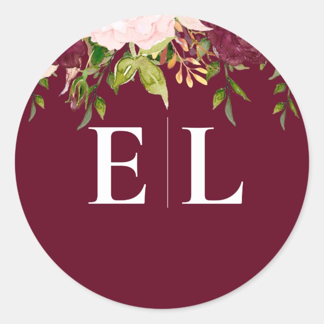 Burgundy Blush Gold Floral Monogram Wedding Classic Round Sticker (Front)