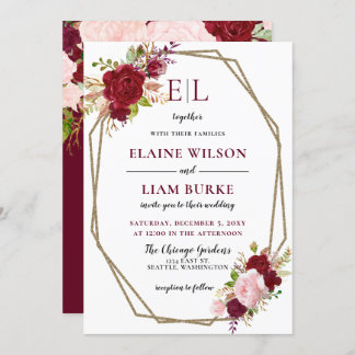 Burgundy Blush Gold Floral Monogram Wedding Invitation