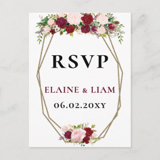 Burgundy Blush Gold Floral Monogram Wedding rsvp Invitation Postcard