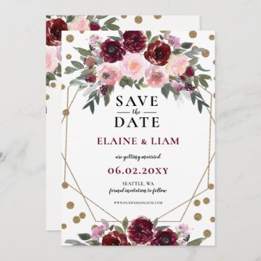 Burgundy Blush Gold Floral Monogram Wedding Save T Save The Date