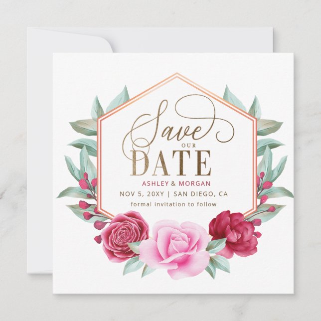 Burgundy Blush Gold Floral Photo Save the Date Announcement (Front)