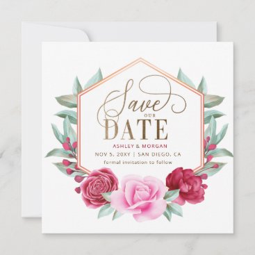 Burgundy Blush Gold Floral Photo Save the Date Announcement