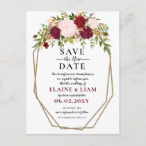 Burgundy Blush Gold Floral Save a New Date Announcement Postcard