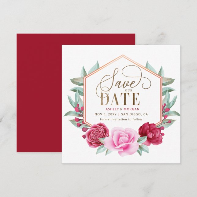Burgundy Blush Gold Floral Save the Date Announcement (Front/Back)