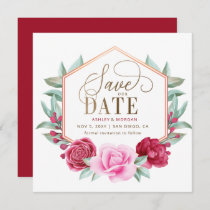 Burgundy Blush Gold Floral Save the Date Announcement