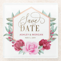 Burgundy Blush Gold Floral Save the Date Glass Coaster