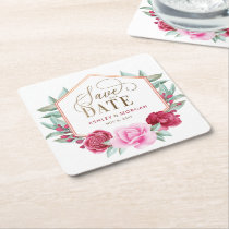 Burgundy Blush Gold Floral Save the Date Square Paper Coaster