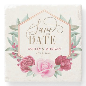 Burgundy Blush Gold Floral Save the Date Stone Coaster