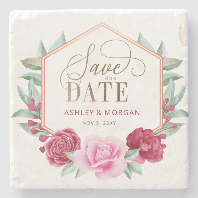 Burgundy Blush Gold Floral Save the Date Stone Coaster (Front)