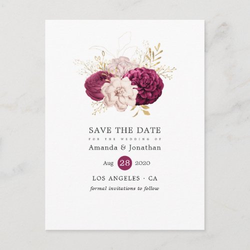 Burgundy Blush  Gold Floral Wedding Save the Date Announcement Postcard