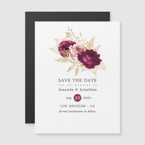 Burgundy Blush  Gold Floral Wedding Save the Date Magnetic Invitation