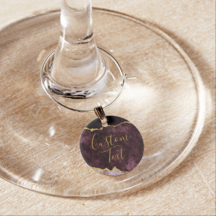 Burgundy Blush Gold Foil Agate Marble Custom Text Wine Charm