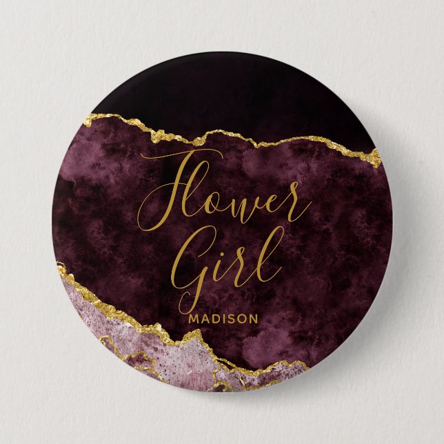 Burgundy Blush Gold Foil Agate Marble Flower Girl Button (Front)