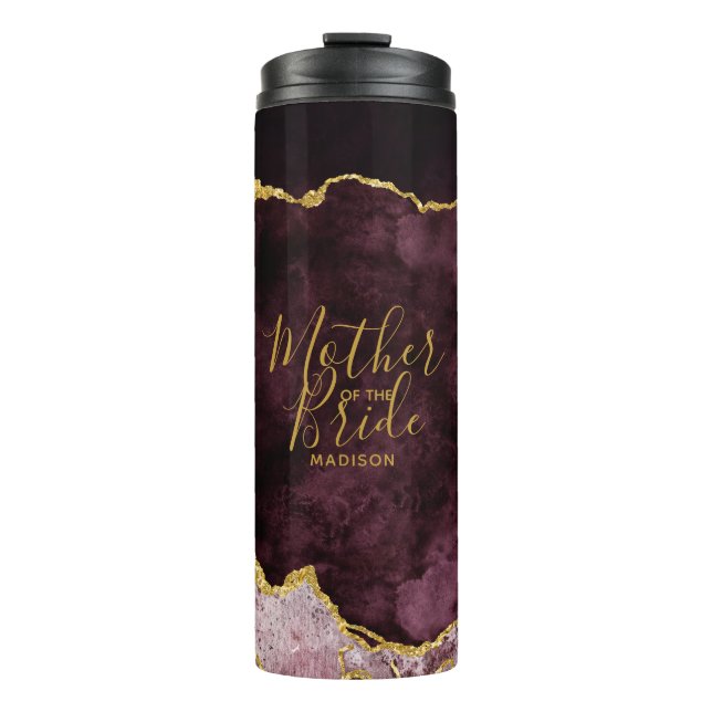 Burgundy Blush Gold Foil Agate Mother of the Bride Thermal Tumbler (Front)