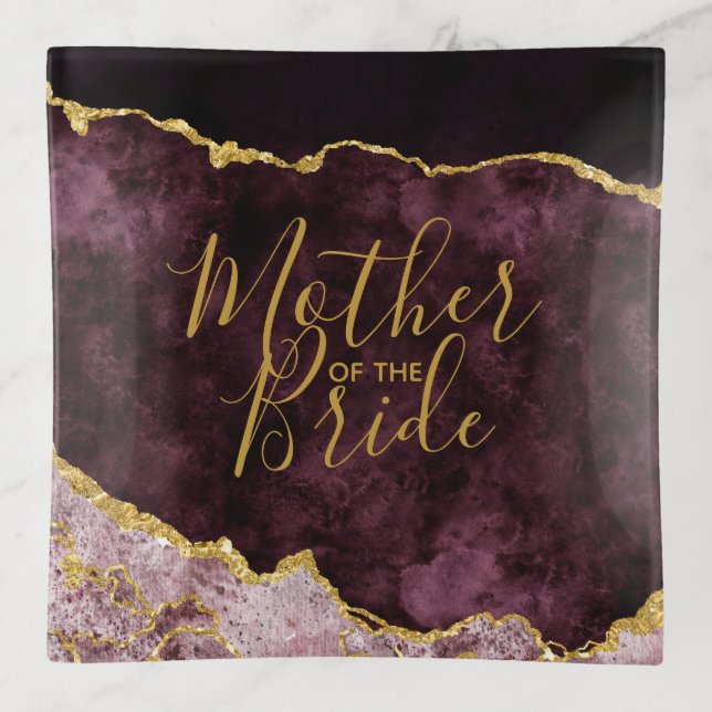 Burgundy Blush Gold Foil Agate Mother of the Bride Trinket Tray (Front)