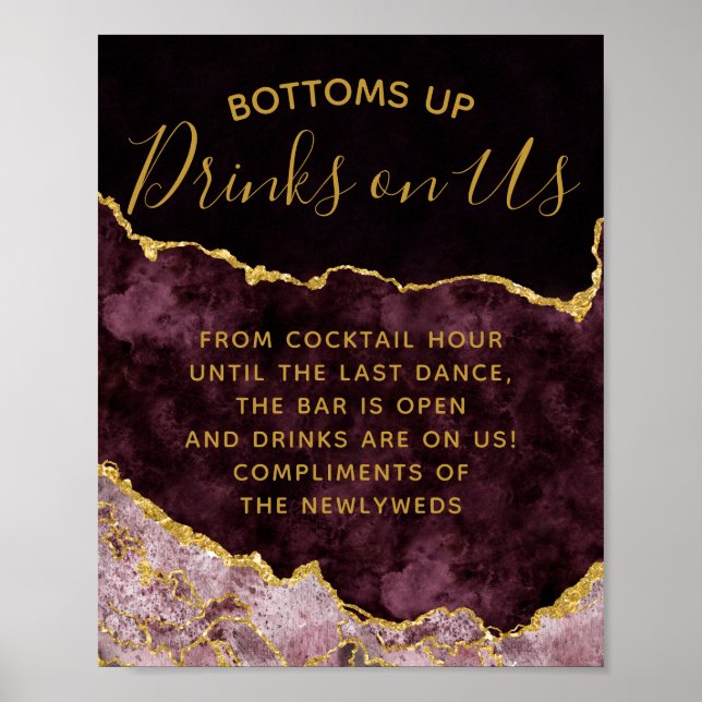 Burgundy Blush Gold Foil Agate Open Bar Table Sign (Front)