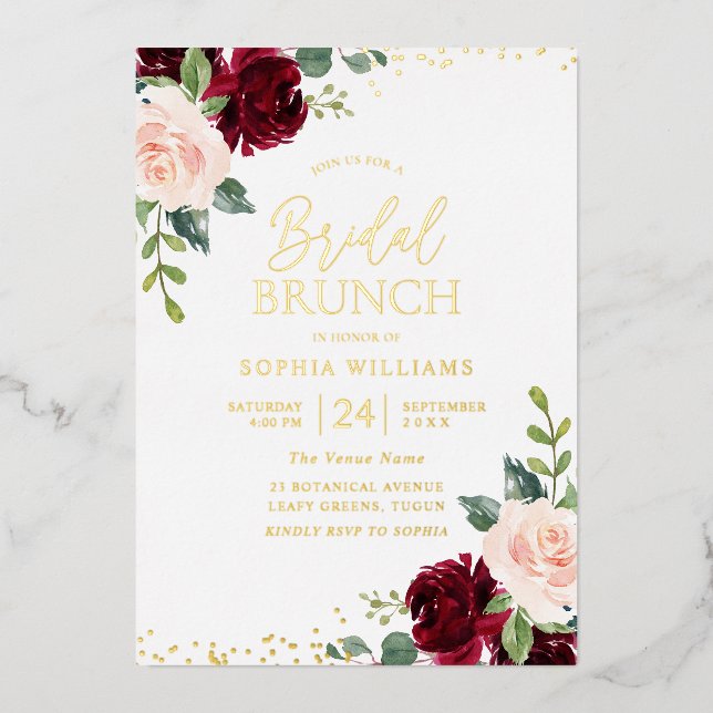 Burgundy & Blush Gold Foil Bridal Shower Brunch Foil Invitation (Front)