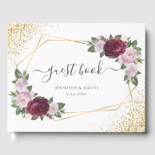 Burgundy Blush Gold Geometric Floral Wedding Guest Book