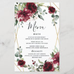 Burgundy Blush Gold Greenery Wedding Menu Cards<br><div class="desc">Design features a printed gold colored geometric frame with floral elements in shades of burgundy,  red and blush over greenery,  eucalyptus and flower blooms. Design also features an easy to use typography layout.</div>