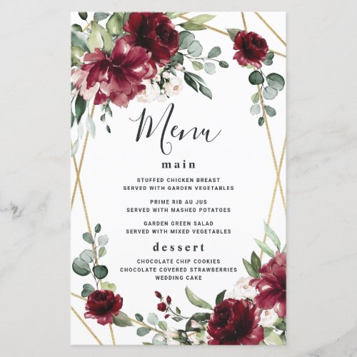 Burgundy Blush Gold Greenery Wedding Menu Cards