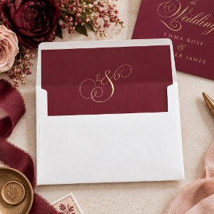 Burgundy Blush Gold Monogram Calligraphy Wedding Envelope Liner