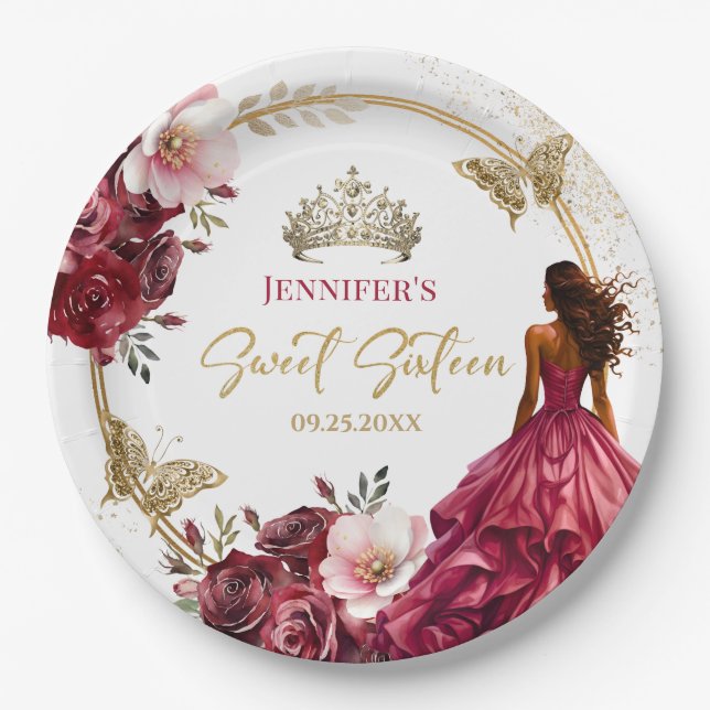 Burgundy Blush Gold Princess Floral Sweet 16 Paper Plates (Front)