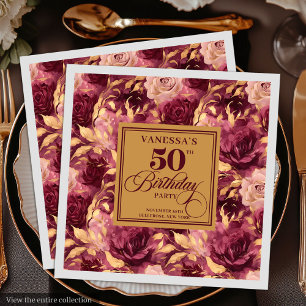 Burgundy blush gold roses 50th birthday party paper dinner napkins