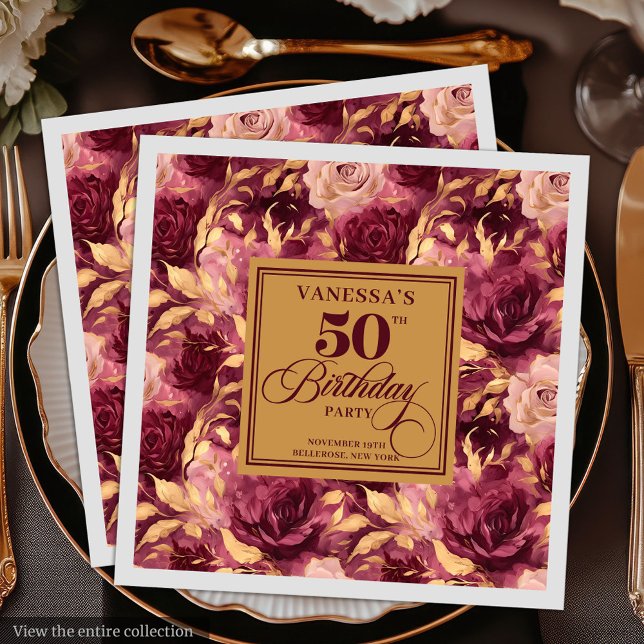 Burgundy blush gold roses 50th birthday party  paper dinner napkins (Elegant Burgundy Blush Gold Floral 50th Birthday Napkins)