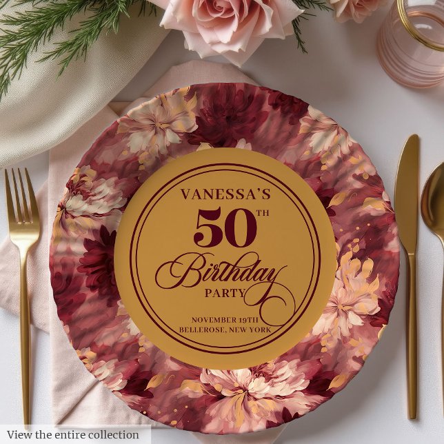 Burgundy blush gold roses woman 50th birthday   paper plates (Burgundy blush gold roses woman 50th birthday Paper Plates)