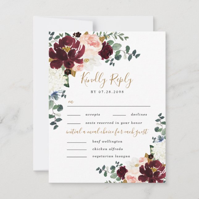 Burgundy Blush Gold Three 3 Meal Choice Wedding RSVP Card (Front)