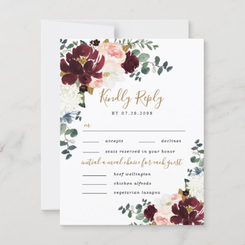 Burgundy Blush Gold Three 3 Meal Choice Wedding RSVP Card