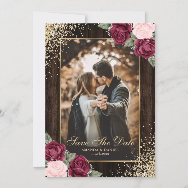 Burgundy Blush Gold Wood Floral Wedding Photo Save The Date (Front)