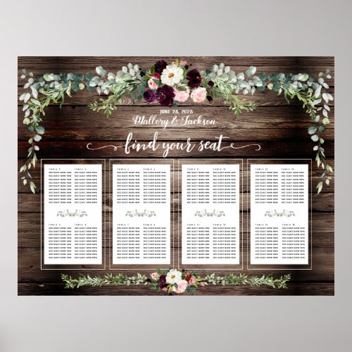 Burgundy Blush Greenery Rustic 160 Guest Seating Poster