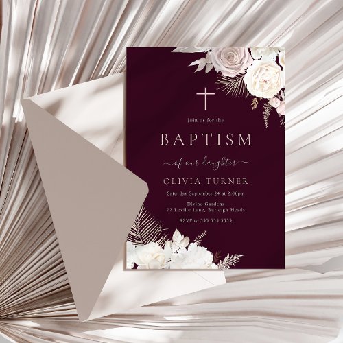 Burgundy Blush  Ivory Floral Baptism Invitation