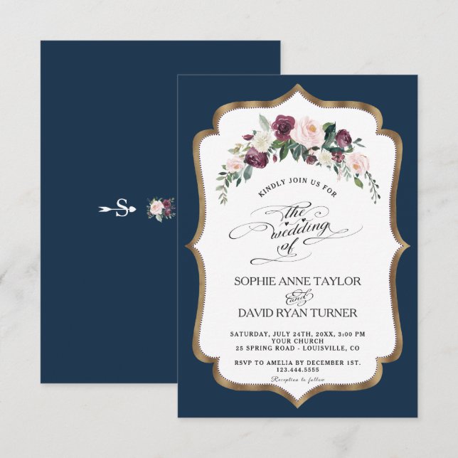 Burgundy Blush Ivory Floral Bloom Gold Wedding Invitation (Front/Back)