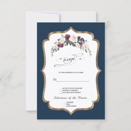 Burgundy Blush Ivory Floral Bloom Gold Wedding RSVP Card