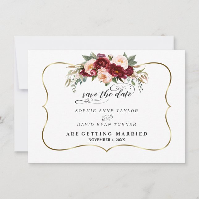 Burgundy Blush Ivory Floral Bloom Gold Wedding Save The Date (Front)