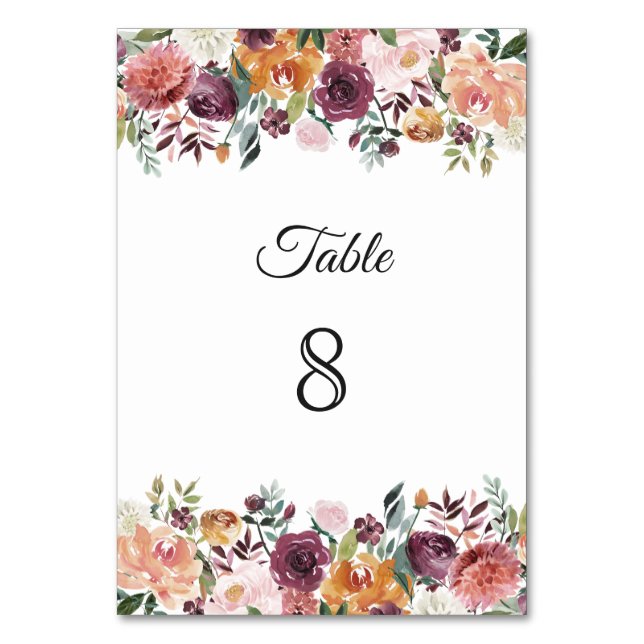 Burgundy Blush Ivory Floral Borders Wedding Table Number (Front)