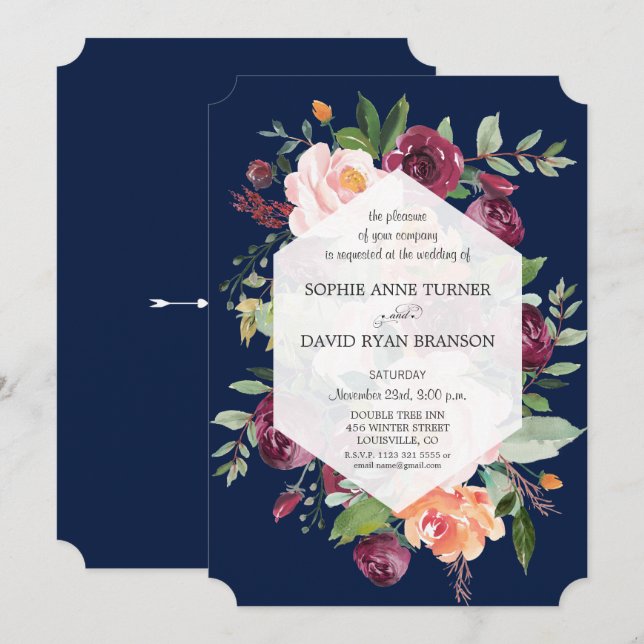 Burgundy Blush Ivory Floral Dark Blue Wedding Invitation (Front/Back)