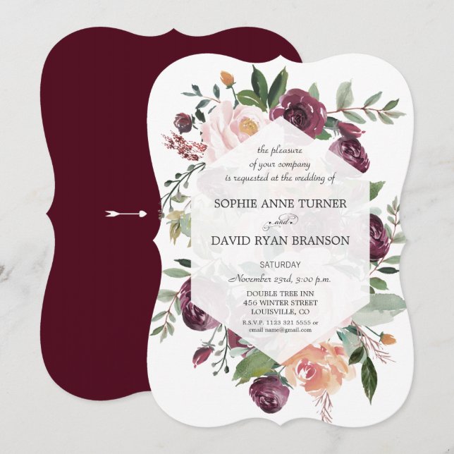 Burgundy Blush Ivory Floral Geometric Wedding Invitation (Front/Back)