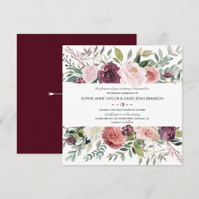 Burgundy Blush Ivory Floral Wreath Wedding Invitation (Front/Back)