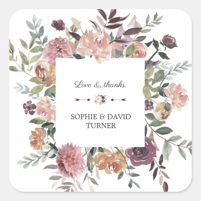 Burgundy Blush Ivory Floral Wreath Wedding Square Sticker (Front)
